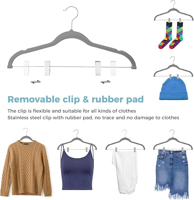 VECELO 20 Pack Velvet Clothes Hangers with Adjustable Clips,Heavy-Duty Non Slip & Space-Saving with 1 Magic Hangers & 2 Tie Rack for Suit Coat Pants Skirt Dresses