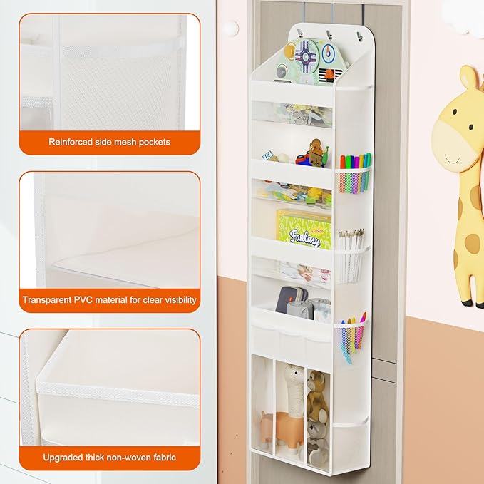 OneDream 5-Tier Over the Door Organizer with Removable Storage Caddy, Baby Clothes Organizer for Nursery, Hanging Behind Door Storage with Clear Pockets and Side Mesh Compartments, Beige