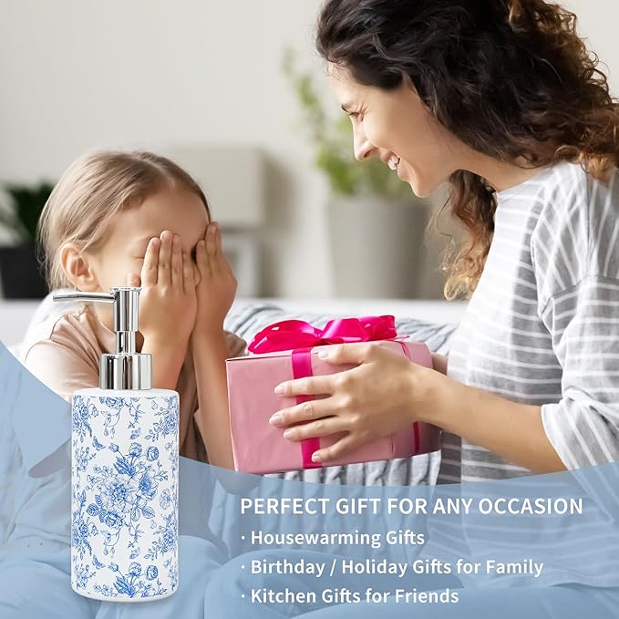 JarThenaAMCS Blue Floral Soap Dispenser Vintage Flower Butterfly Glass Dispenser with Pump Refillable Chinoiserie Liquid Soap Container for Farmhouse Home Kitchen Bathroom Countertop