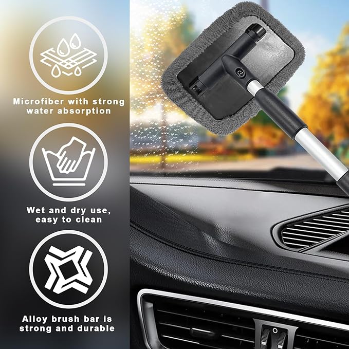 Ziciner Car Windshield Cleaner, Microfiber Auto Cleaning Wiper with Aluminum Extendable Handle and 2 Washable Reusable Cloth Pad Head, Universal Car Interior Exterior Cleaner Kit (Gray-Rectangle)