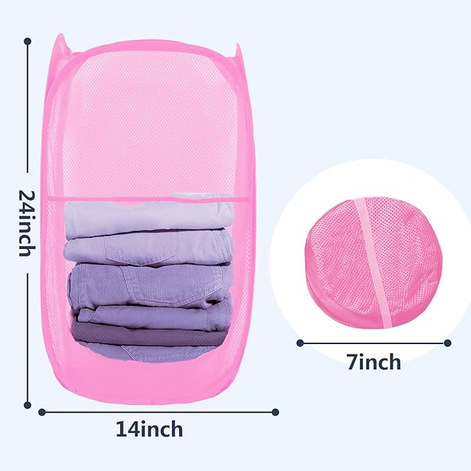 LXLOVESM Pop Up Laundry Hamper, Mesh Laundry Basket Collapsible, Foldable Hamper for Travel and Storage (Pink)