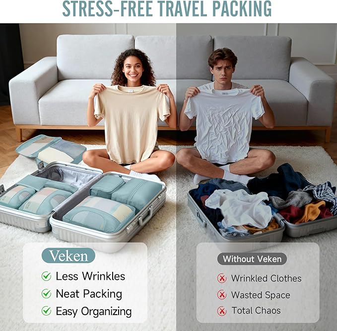 Veken 10 Set Packing Cubes for Travel Essential, Suitcase Organizer Bags in 4 Sizes, Carry-On Luggage Accessories with Large Laundry & Hanging Toiletry Bag, Must-Have for Airplane, Road Trip & Camping