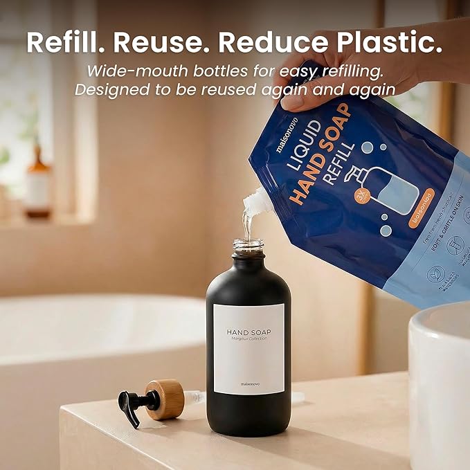 MaisoNovo Glass Dish Soap Dispenser for Kitchen Set of 2-16.9oz Dish and Hand Soap Dispenser Set for Kitchen - Black Glass Bottles x 2 with Black Bamboo Pumps & Tray
