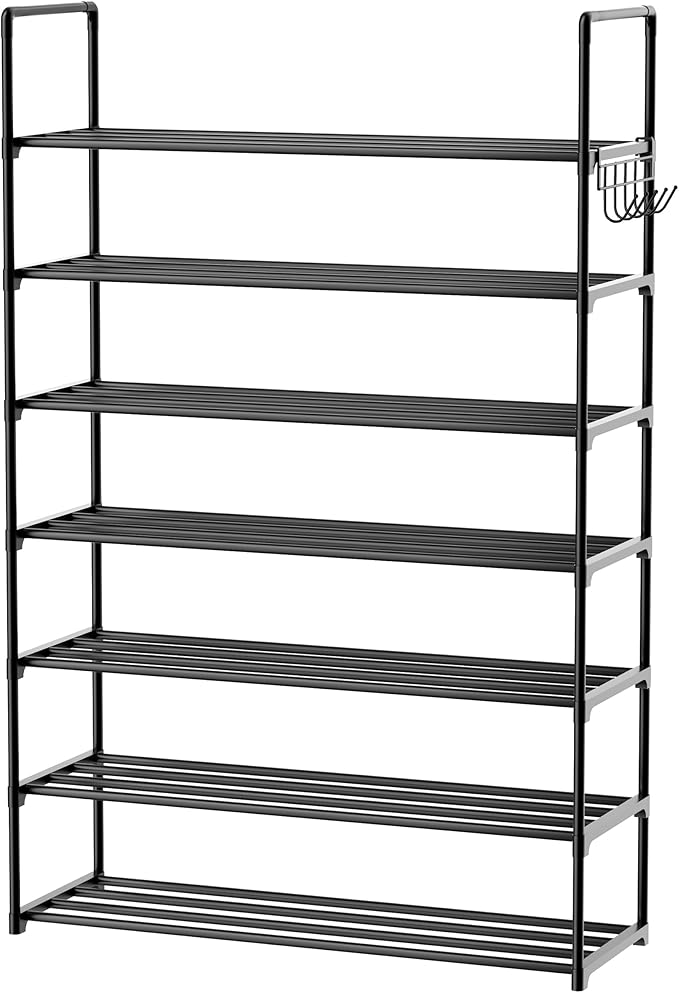 HOMICKER Metal Shoe Organizer,6 Tiers Shoe Storage Shoe Rack with Hooks,Fit 24-30 Pairs,Adjustable Shoe Shelf for Entryway,Hallway,Bedroom,Metal Bottom Support