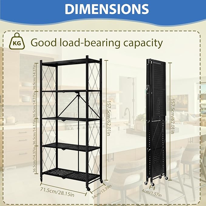 5-Tier Foldable Storage Shelf with Wheels, Heavy-Duty Metal Collapsible Shelving Unit, Rolling Storage Rack for Kitchen Pantry Garage Office, Pre-Assembled Organizer