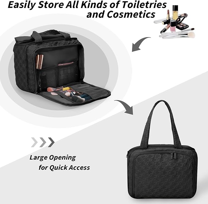 SUNRISING Travel Toiletry Bag, Lightweight Large Wide-open Travel Bag for Women, Puffy Cosmetic Makeup Bag Organizer with Handle for Accessories Essentials Toiletries - Black