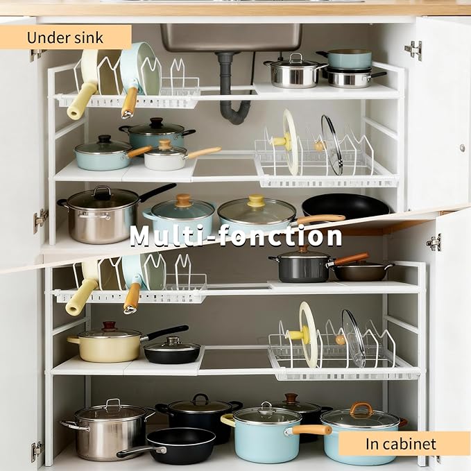 Pots and Pans Organizer Under Cabinet, Expandable Length, Adjustable Height Under Sink Shelf 2 Tier with 5 Dividers Under Cabinet Shelf, Metal Frame for Bathroom Kitchen Pantry Cabinet (White)