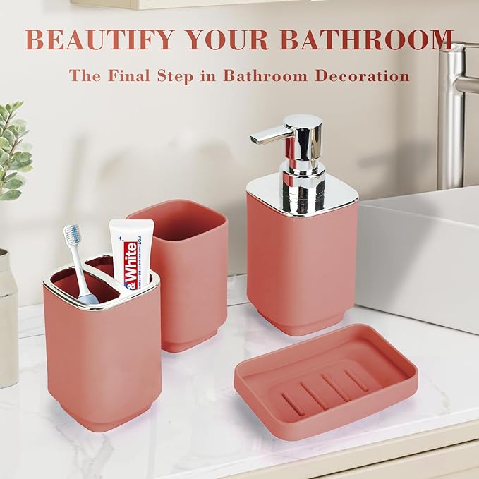 4Pack Bathroom Accessories Set, Bohemian Bathroom Sink Set, Contain Soap Dispenser, Toothbrush Holder, Soap Dish & Mouthwash Cup,Square soap and Toothbrush Holder Set
