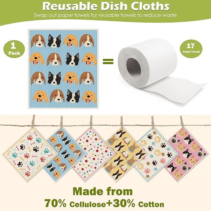 6 Packs Swedish Paper Cloths for Kitchen, Reusable Paper Towels Washable Dish Rags, Highly Absorbent Kitchen Towels Quick Drying Swedish Sponge Cleaning Dish Cloths(Dogs Feet)