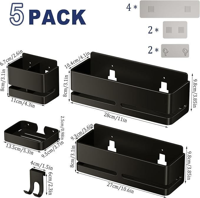 YESENT Bathroom Shower Caddy (5-Piece Set), Wall-Mounted Shelf with soap Dish and Toothbrush Holder, no Drilling Required, Ideal for Bathroom Storage and Also Suitable for Kitchen (Black)