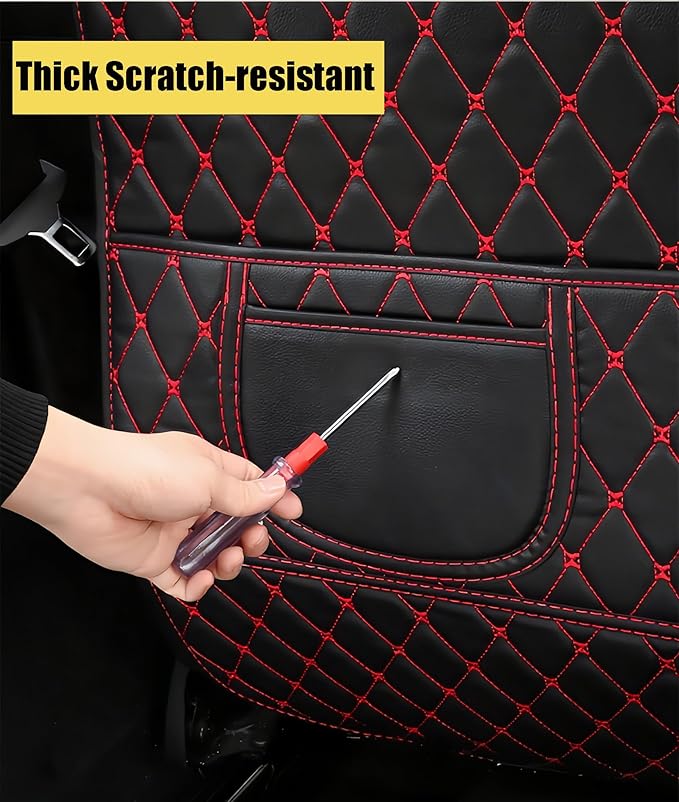 Leatherette Car Seat Protector - 2 Pack Large Car Kick Mats with Storage Pockets Organizer Seat Back Cover Against Dirty Shoes & Scratches, Universal Fit for Most Vehicles, Black with Red Line