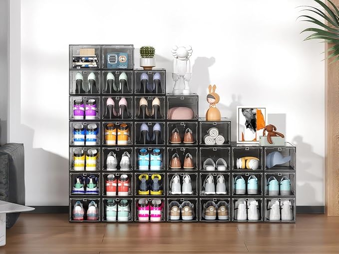 MCIJRJOI 12 Pack Hard Sturdy Thickened Rigid XX Large Shoe Storage Organizer for Closet, Clear Stackable Sneaker Shoe Boxes Rack Containers Display Case Bins with Lids, Grey02