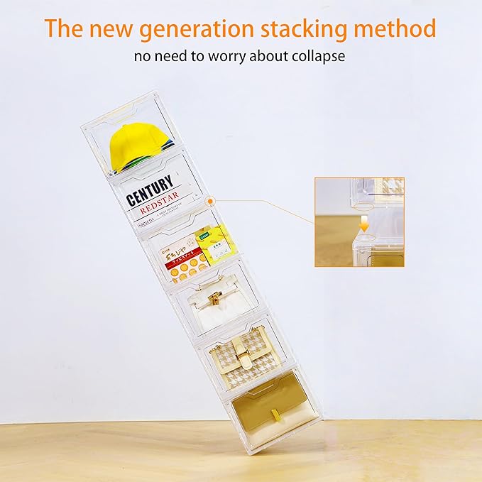 Storage Bins with Lids 10 Pack Clear Stackable Plastic Closet Organizers Containers w/Magnetic Door Box for Wardrobe Bedroom Office Dorm