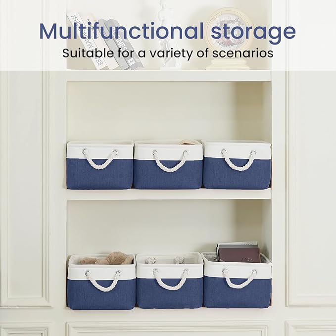 Storage Baskets for Shelves 13.8x9.8x6.7 Inch, Foldable Fabric Storage Bins with Handles, Small Storage Baskets for Organizing Closet, Office, Home Organization (1-Pack, White&Blue)