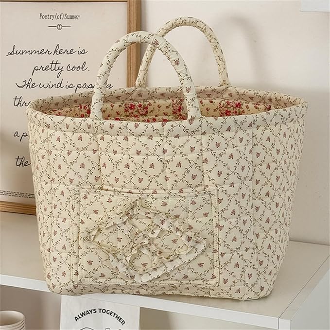 Quilted Fabric Storage Basket with Handles & Pocket, Foldable Laundry Hamper Boho Floral Print Organizer Bin for Home, Picnic, Office 12"x10"x10" (A-2)