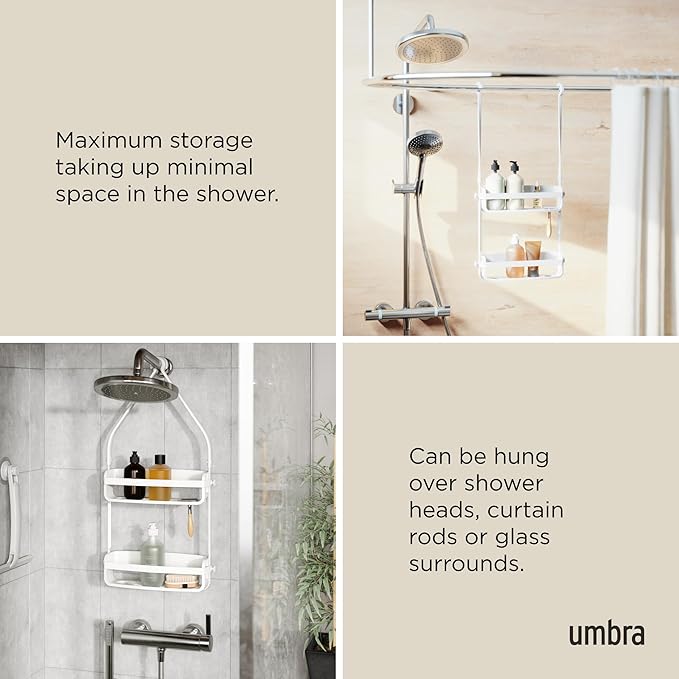Umbra Flex Hanging Shower Caddy with 2 Shelves, Bathtub Shelf and Bathroom Organizer, White