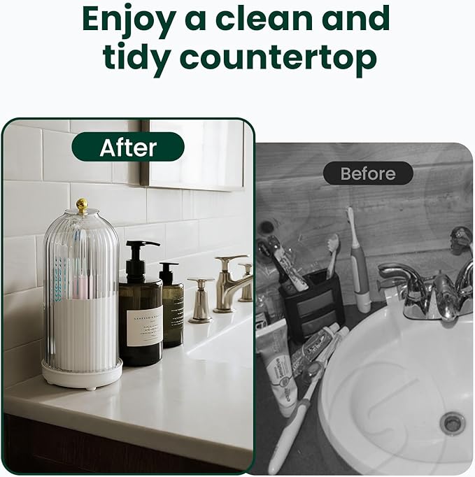Dustproof Toothbrush Holders for Bathrooms, with Cover, 180° Rotating Door, Three-Slot Design, Bottom Drainage, Bathroom Counter Organizer, Suitable for Rv Travel, and Cosmetic Storage, White