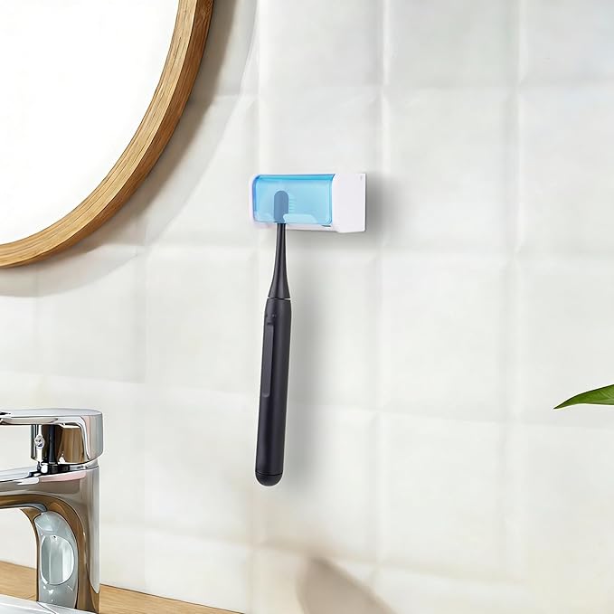 Toothbrush Holder Wall Mounted with Cover for Bathroom, 2 Slots Toothbrush Storage Organizer for Shower, Self Adhesive Toothbrush Hanger Rack for Dorm, Cabinet (Blue)