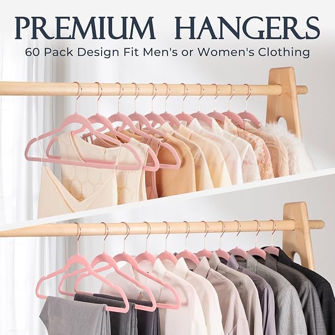 HOUSE DAY Pink Velvet Hangers 120 Pack, Premium Non-Slip Felt Clothes, Sturdy Heavy Duty Coat, Durable Hangers for Suits, Space Saving with No Hanger Mark, 360° Swivel Rotating Rose Gold Hook
