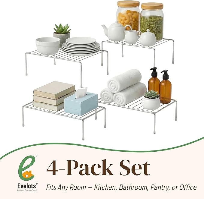 Evelots Kitchen Cabinet Wire Shelf Organizer/Rack - 4 Pack Sturdy Large Metal Shelf Risers - Double Your Counter Space - Great for Kitchen, Freezer, Pantry and Bathroom - Rustproof - Chrome