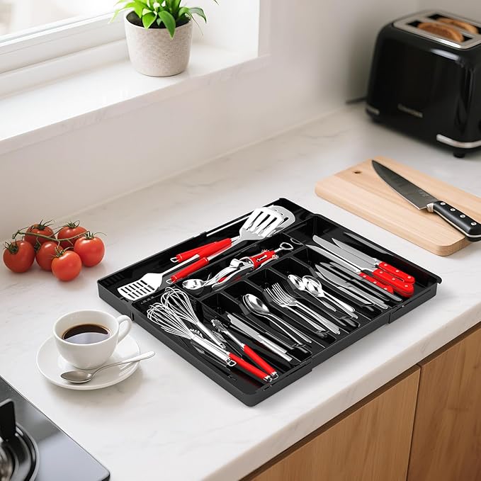 Large Silverware Organizer, Expandable BPA Free Kitchen Silverware Drawer Organizer, 9 Slots Cutlery Utensil Tray with Dividers, Adjustable Flatware Storage Holder for Spoons Forks Knives