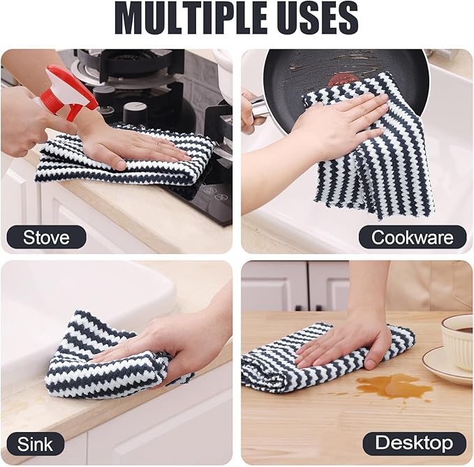 Homaxy Kitchen Towels(12 Pack, 10 x 20 inches), Ultra Soft and Absorbent Dish Towels, Reusable Fast Drying Microfiber Cleaning Cloth, Coral Velvet Wave Design No-lint, Dark Grey