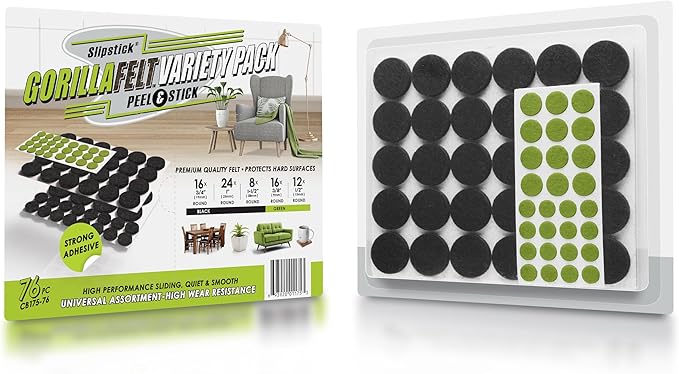 Slipstick Gorilla Felt Furniture Pads (76 Piece Variety Pack) Premium Furniture Pads & Chair Leg Floor Protectors for Hardwood Floors & Hard Surfaces