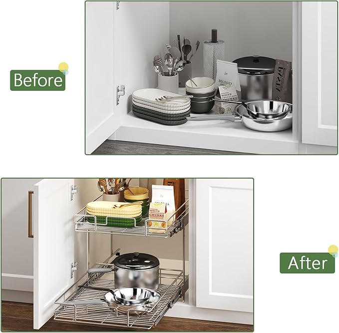 MODCART 2 Tier Individual Pull Out Cabinet Organizer 22½" W x 21½" D, Heavy Duty Cabinet Pull Out Shelves, Slide Out Drawers Organization for Kitchen Cabinets Bathroom