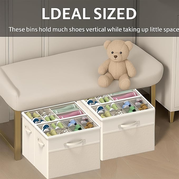 2 Pack Shoe Organizer for Closet, Clear Foldable Shoe Storage Containers Fits 14 Pairs,Shoe Storage Bins Baskets Boxes with Reinforced Handles Beige Shoes Organize