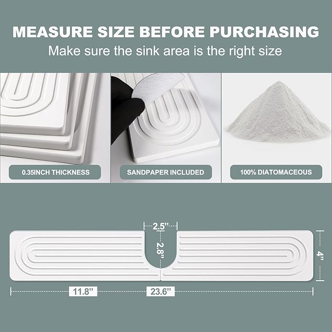Meiliweser Stone Faucet Mat for Kitchen Sink, Quick Dry Diatomite Sink Splash Guard, Upgraded U-shaped Drying Sink Protectors, Non-Slip Stone Tray for Bathroom Counter (23.6"x4", White)