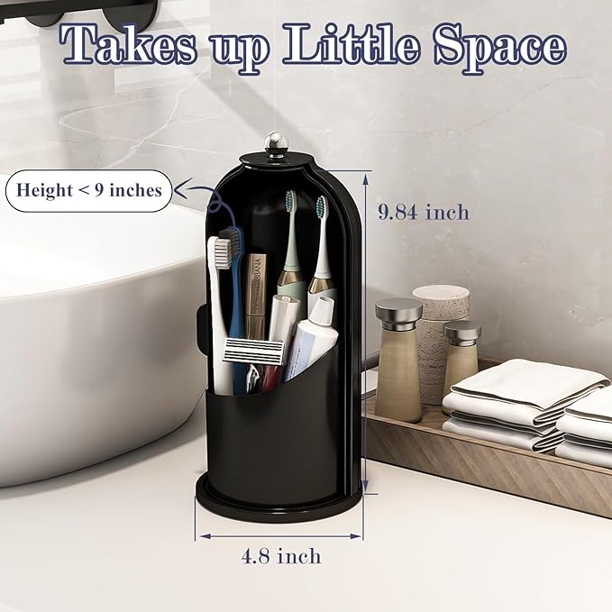 Zufudo Dustproof Toothbrush Holders with Cover, Rotating Electric Toothbrush and Toothpaste Holder for Bathroom Countertop, 3 Slots Makeup Brushes Organizer, Solid Black