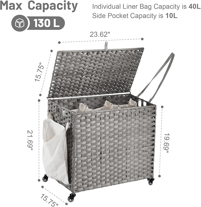 Laundry Hamper with Wheels, 34.3 Gallon(130L) Rolling Laundry Basket with Lid, 3-Section Rattan Clothes Hamper with 3 Removable Liner & 3 Mesh Bags, Laundry Sorter with Side Pocket, Grey