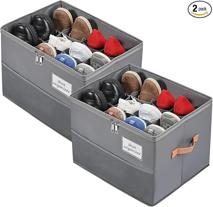 Shoe Organizer for Closet, Foldable Shoe Box Storage Containers with Clear Cover, Smooth Zipper, Reinforced Handles and Bottom Support, Space Saving Shoes Holder, Gray (2, Small)