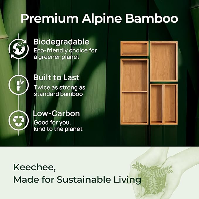 5-Piece Bamboo Drawer Organizer Set, 2.2" Deep Multi-Use Organizers for Utensils, Silverware, Cutlery, Desk, Bathroom, Junk Drawer & Makeup, Non-Slip Feet Included.