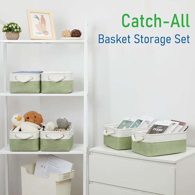 Bidtakay Small Baskets for Organizing Linen Closet Storage Baskets Set Of 6 Decorative Storage Bins for Shelves Cute Rectangular Baskets for Gifts Empty Nursery Dog Toys Baby Storage (White&Green)