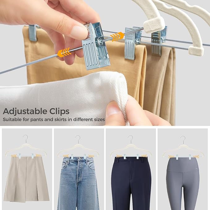 HOUSE DAY Velvet Hangers with Adjustable Clips 20 Pack, Non-Slip Suit Organizer with 360° Hook - Heavy Duty Hanger for Pants, Skirts, Blouses, Dresses - Outfit Hangers All-Season Space Saver (Ivory)