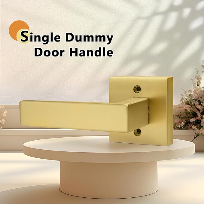 Probrico Brushed Gold Dummy Door Handle Interior Door Levers Square Single Non-Turning Satin Brass Door Handles Hardware for French Door, 4 Pack
