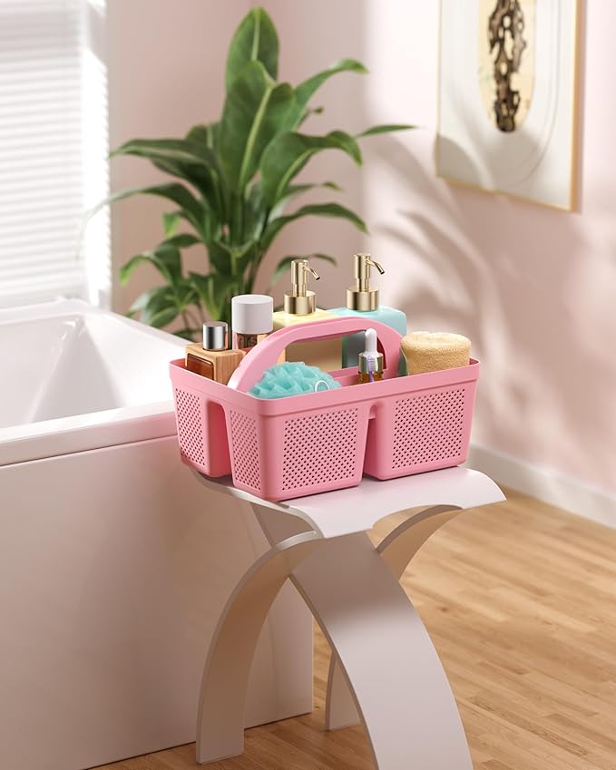MLIKLU 4 Pack Portable Shower Caddy, Integrated Handle, Reinforced Plastic, Quick-Dry Ventilation Holes, Multi-purpose Storage Basket for Home, Dorm and Bathroom, Kitchen, Under Sink Storage, Pink
