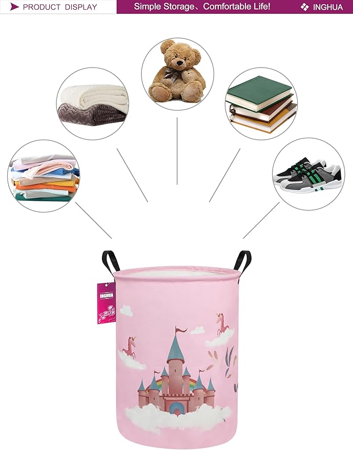 Laundry Hamper Large Canvas Fabric Lightweight Storage Basket/Toy Organizer/Dirty Clothes Collapsible Waterproof for College Dorms, Boys and Girls Bedroom,Bathroom(Unicorn Castle)