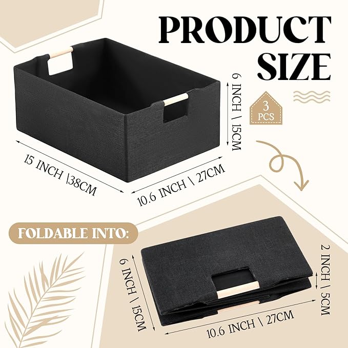 3 Pack Fabric Storage Bins for Closet Shelves, Rectangle Wardrobe Organizer with Handle, Collapsible Shelves Storage Basket for Sorting Clothes and Toy (Black,15 x 10.6 x 6 Inch)