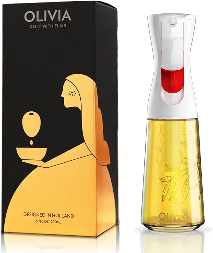 FLAIROSOL OLIVIA Oil Sprayer for Cooking, 200ml Glass Olive Oil Sprayer, Continuous Cooking Spray Bottle with Portion Control, Olive Oil Dispenser for Kitchen, Air Fryer, Salad, BBQ (Golden Leaves)