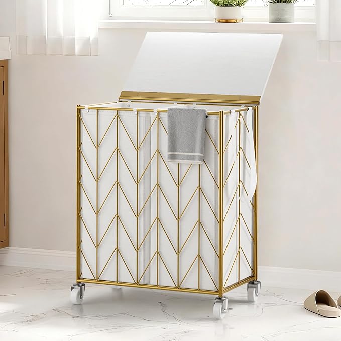 WOWLIVE Laundry Basket with Wheels, Heavy Duty Laundry Hamper with Wood Lid, Clothes Hamper with Divided Removable Liner Bag, Large Capacity Iron-Made Laundry Sorter Laundry Room Organization (Golden)
