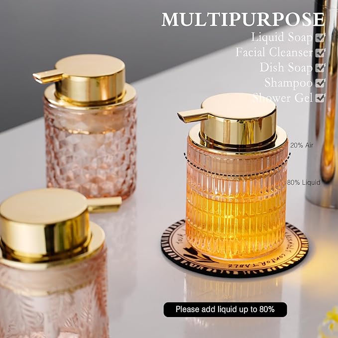 Refillable Glass Foam Soap or Lotion Dispenser for Kitchen and Bathroom with Large Gold Pump (Striped Pattern-Pink)