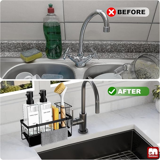 GMISUN Kitchen Soap Dispenser Set, 12 fl oz / 350 ml Dish Soap Dispensers with Sponge Holder, Customized Clear Glass Dish soap Dispenser for Kitchen, Modern Soap Dispensers Set Removable