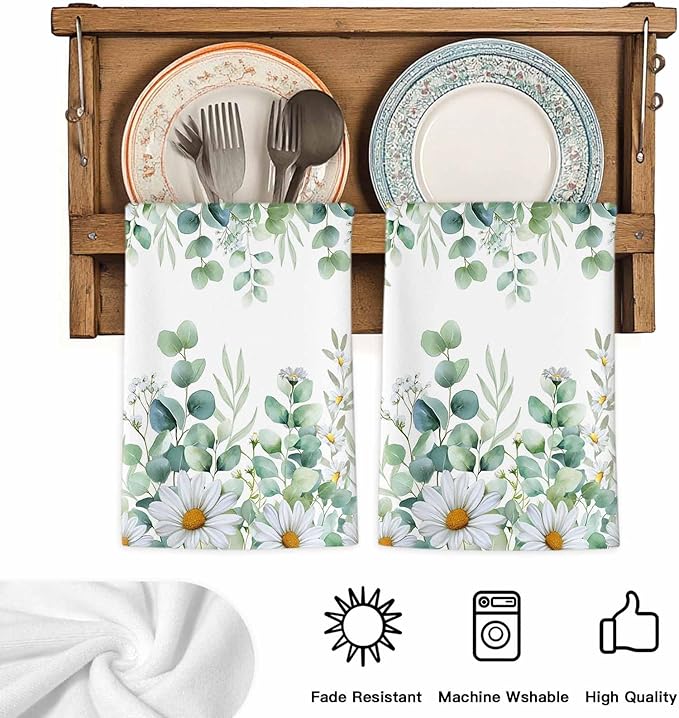 Kitchen Towels Set of 2, Green Eucalyptus Leaves Soft Microfiber Dish Towels, Summer Botanical Watercolor Daisy Absorbent Washable Dishcloths for Kitchen Cleaning, Drying Dishes, 18x28 Inches