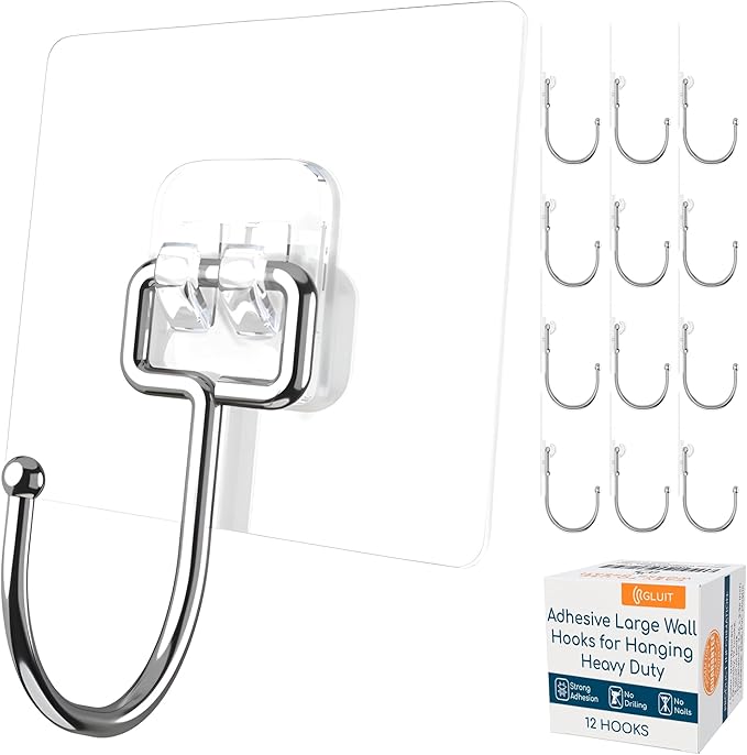 GLUIT Adhesive Large Wall Hooks for Hanging Heavy Duty 22 lbs Hooks for Walls No Damage, Towel Sticky Clear Hooks, Waterproof, Home, Bathroom, Kitchen, Office, and Outdoor 12 Pack