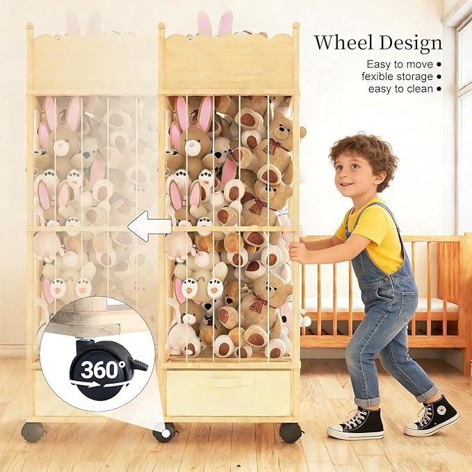 Wooden Stuffed Animal Storage Organizer with Wheels & Drawer – 3-Tier Plush Toy Zoo Holder for Kids Room, Nursery & Playroom – Safe Solid Wood, Elastic Rope Design, Smooth Wave Edge