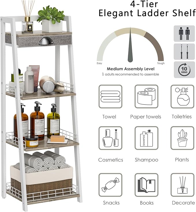 keomaisyto 4-Tier Elegant Ladder Shelf, Bathroom Storage Shelf, Ladder Bookshelf with Drawer, Freestanding Storage Shelves for Bathroom Living Room Study Office, White