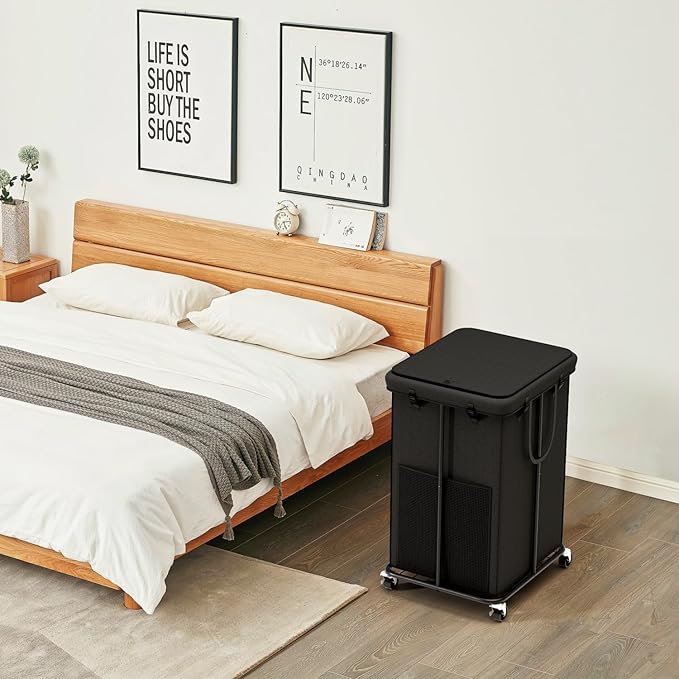 Large Laundry Hampers with Lid, Oxford Fabric Laundry Hampers, Metal Frame and Removable Bag Design with Wheels, Suitable for Bedroom, Bathroom, Dorm Room, Laundry Room (Black with Lid)