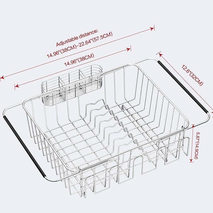Dish Drying Rack in Sink, Extendable Stainless Steel Dish Drainers for Kitchen Counter, Anti-Rust Dish Dryer Rack with Utensil & Cup Holders, for Inside Sink, Over The Sink